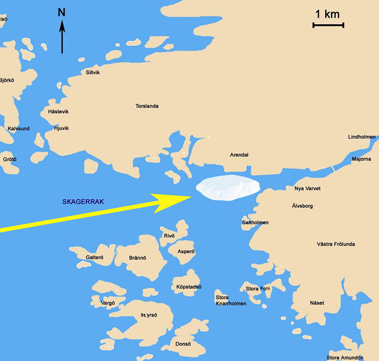 Karta ver Gteborg som visar var isberget troligtvis kommer lgga sig