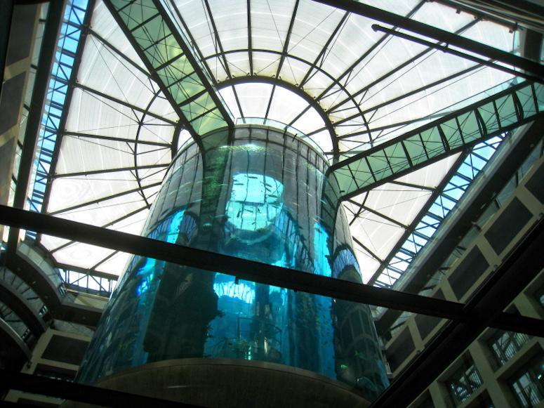 Akvariet AquaDom i SeaLife Berlin, akvariet du kan åka hiss genom.