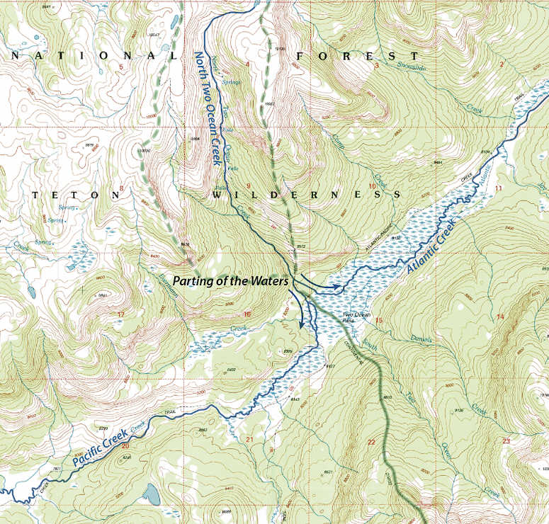 Topografisk karta ver Parting of the Waters i Wyoming, USA.