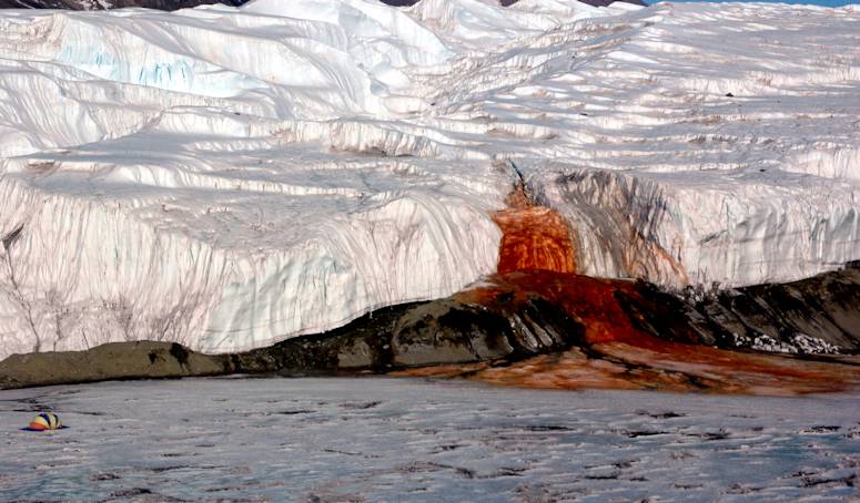 Blood Falls på Antarktis, med tält