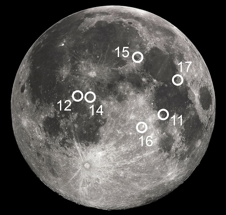 Landningsplatser för Apollo på månen.