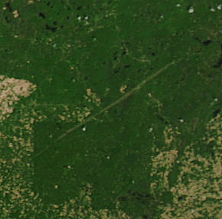 Spåret av en tornado i Wisconsin, USA, sett från rymden.