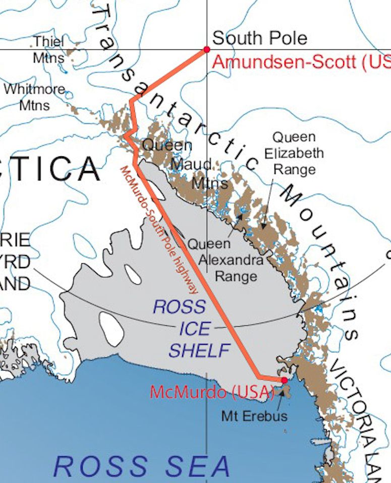South Pole Traverse (McMurdo–South Pole Highway) - väg till sydpolen - karta.
