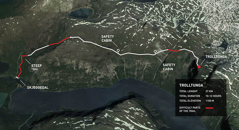 Karta p vandringsleden till Trolltunga