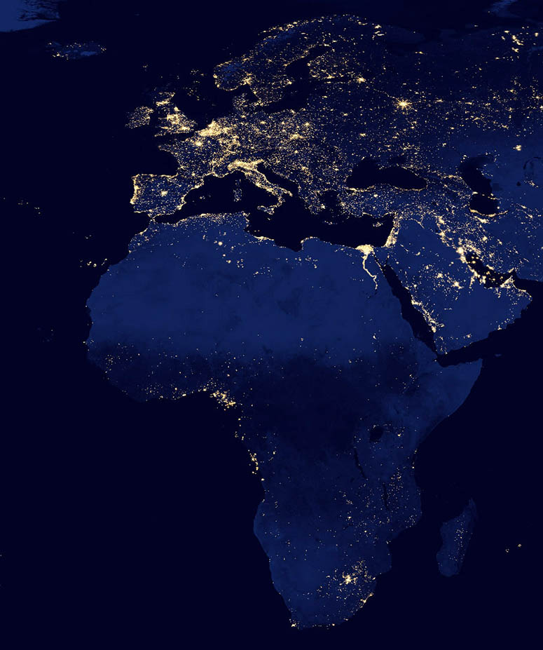 Satellitbild av Europa och Afrika på natten