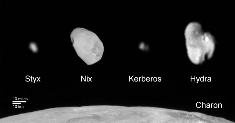 Storleksjämförelse mellan Plutos fem kända månar - Charon, Styx, Nix, Kerberos och Hydra